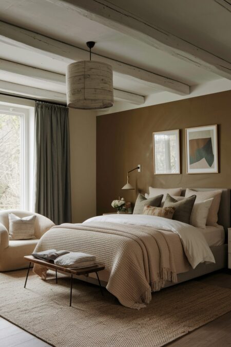 rustic bedroom with earthy color palette, brown accent wall