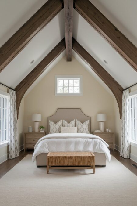 light rustic bedroom with exposed ceiling beams on sloped ceiling