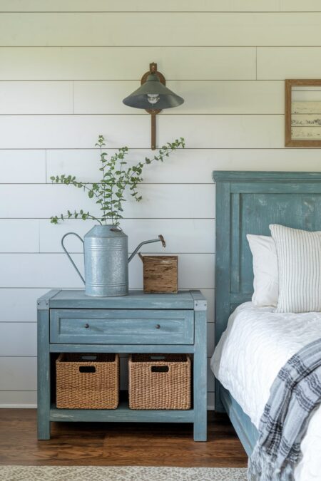rustic bedroom with galvanized vintage watering can used as a vase and blue-gray distressed wood furniture, shiplap wall
