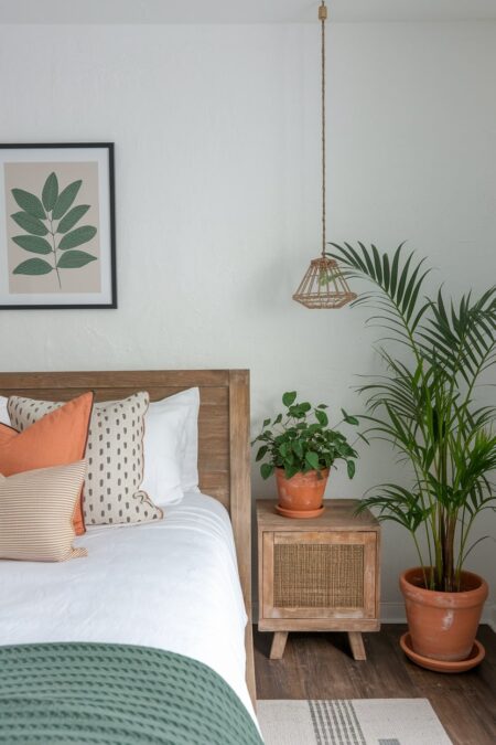 rustic bedroom with houseplants in terracotta pots, wooden headboard and nightstand