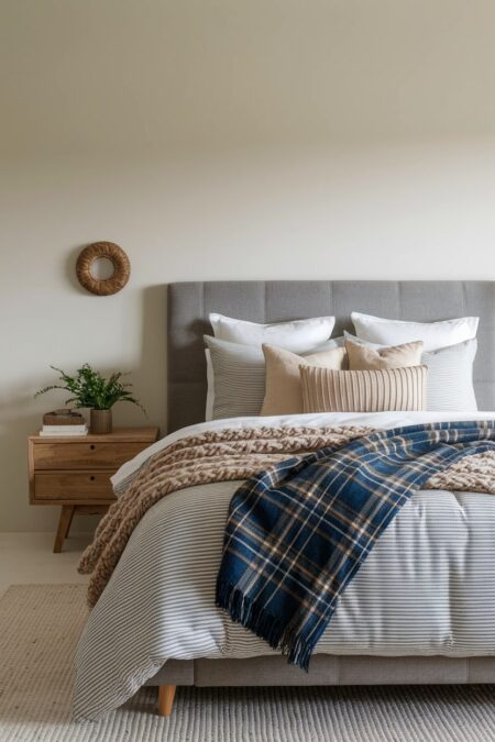 rustic bedroom with layered bedding, plaid flannel throw, chunky knit wool blanket, and striped duvet cover