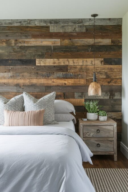 rustic bedroom with reclaimed wood accent wall and wooden nightstand