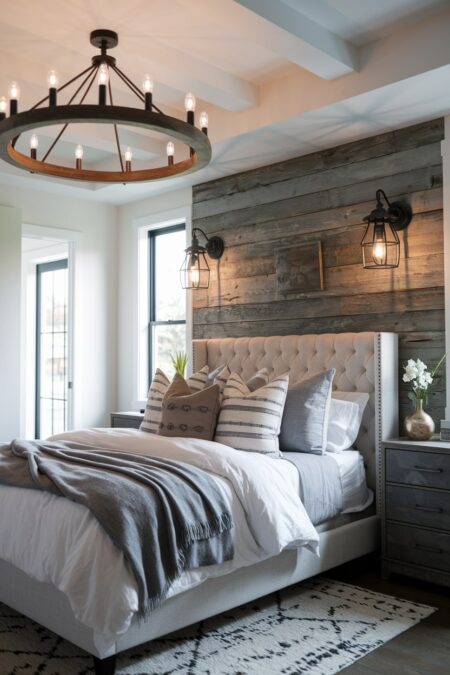 rustic bedroom with reclaimed wood plank wall behind headboard, lantern-style wall sconces, and vintage chandelier