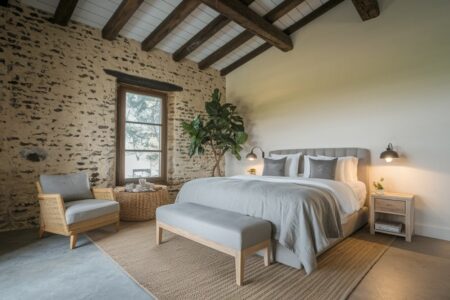 rustic bedroom with stone accent wall, concrete flooring, and sisal rug