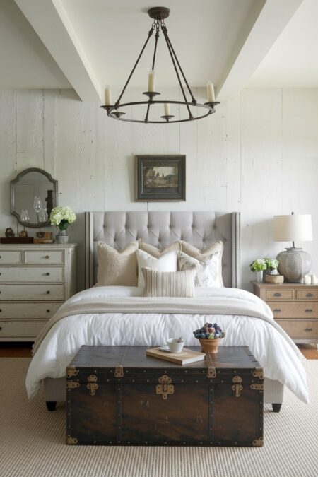 rustic bedroom with vintage trunk used as a bench, white weathered dresser, and distressed nightstand
