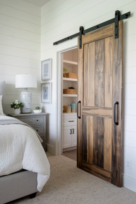rustic bedroom with wooden sliding barn door to walk-in closet