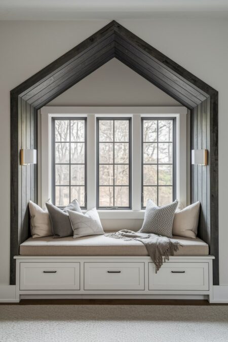 rustic, cozy window seat with wall sconces, comfortable cushion, and drawers underneath