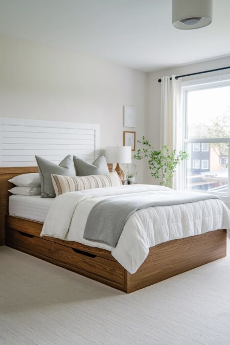 small bedroom has wooden bed frame with built-in drawers for storage and light carpet