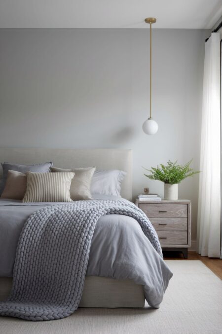 small bedroom in gray monochromatic palette with a chunky knit blanket, silk pillows, and a weathered wood nightstand