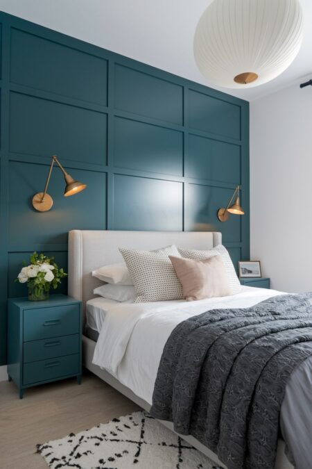small bedroom with dark blue-green accent wall and nightstands, brass wall sconces, gray throw blanket, and modern ceiling light