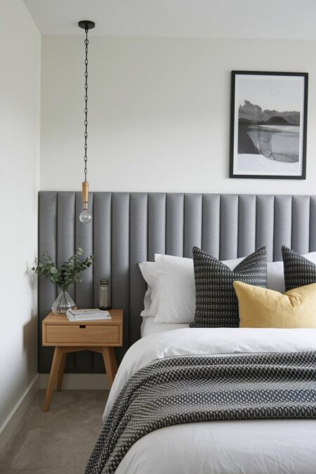 small bedroom with gray wall-to-wall channel tufted headboard and yellow accent pillow