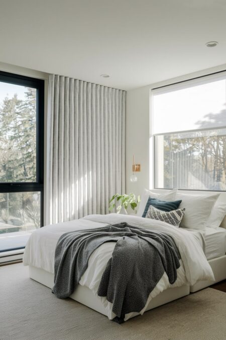 small bedroom with large modern black window frames, light filtering blinds, and light curtains