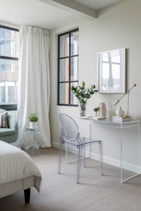 small bedroom with transparent acrylic desk and purple lucite chair