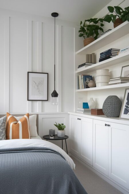 small bedroom with white built-in floor-to-ceiling shelving unit, gray blanket, and ochre accent pillow