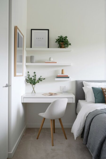 small bedroom with white floating shelves and a white floating desk as a nightstand