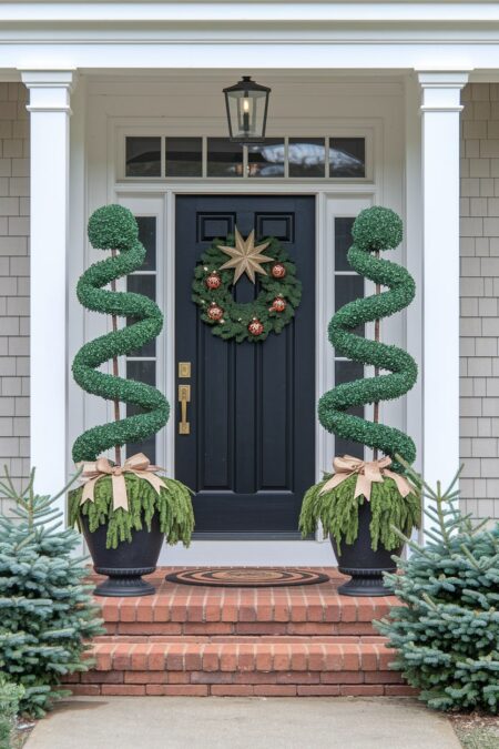 spiral evergreen topiaries decorated with ribbons installed near the front door with Christmas decor