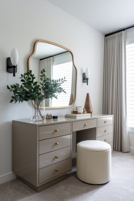 taupe vanity and dresser in one with a cream upholstered round vanity stool