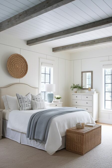 uncluttered farmhouse bedroom with white walls, exposed ceiling beams, white dresser, and rattan decor