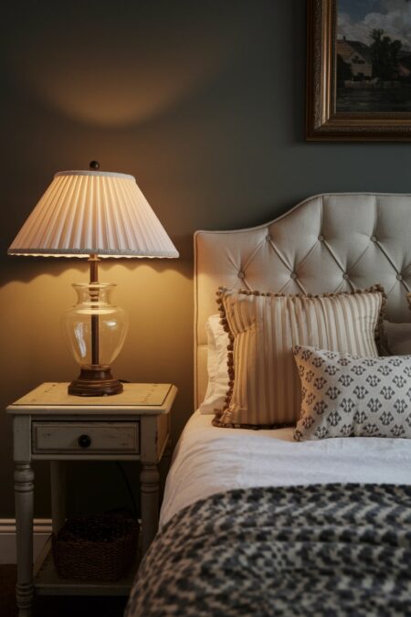 vintage style bedroom with an antique table lamp with glass base