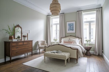 vintage style bedroom with an ornate bed and old wooden dresser