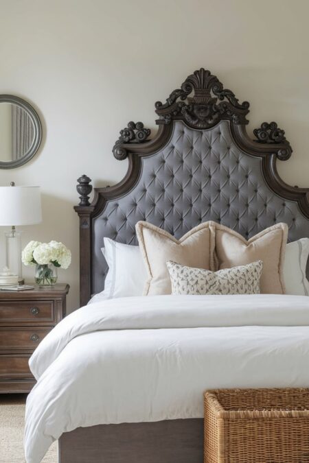 vintage style bedroom with an ornate tufted headboard