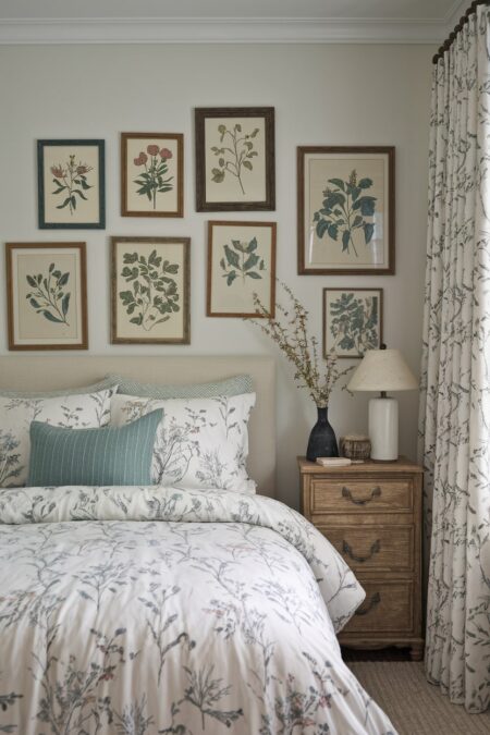 vintage style bedroom with botanical prints gallery wall above headboard