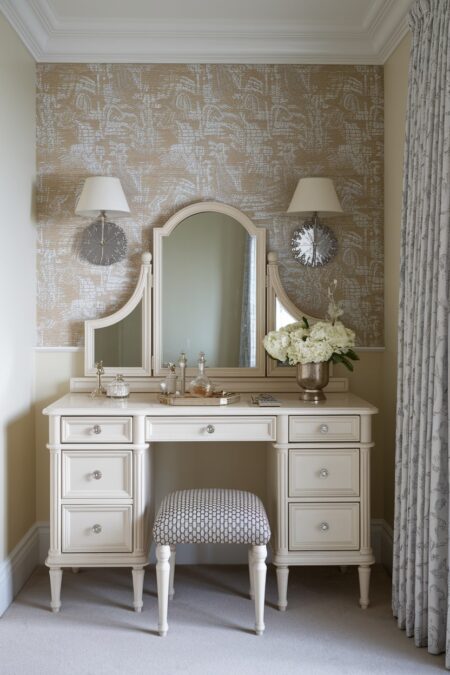 vintage style space with a classic vanity table featuring a built-in mirror and small drawers