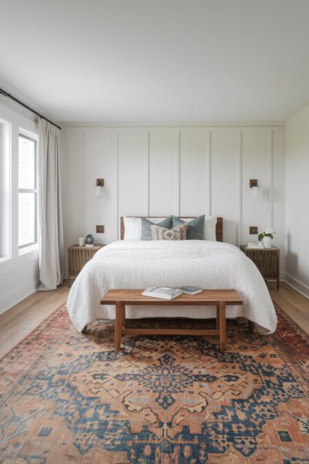 white bedroom with white bedding and vintage rug