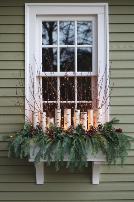 window box with Christmas decorations, evergreen branches, birch logs, pinecones, and battery operated string lights