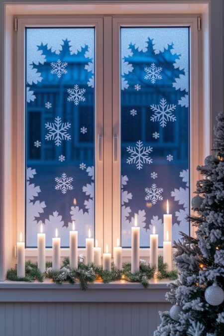 window clings in snowflake patterns and candles as Christmas decor