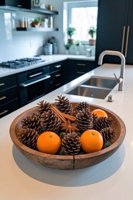wooden bowl with pinecones, cinnamon sticks, oranges as Christmas decor on the kitchen island