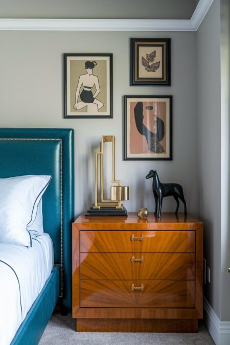 Art Deco bedroom with a green leather bed frame, wooden nightstand, framed prints, and a black animal figurine