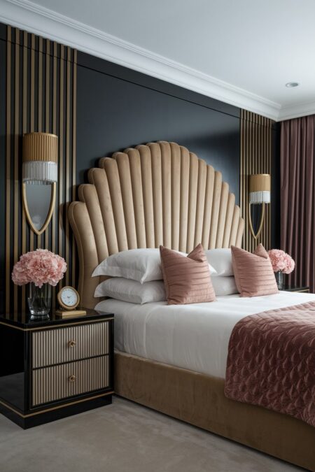 Art Deco bedroom with a light brown velvet channel tufted seashell headboard and black glossy nightstands