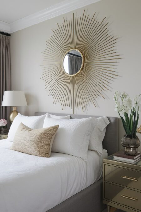 Art Deco bedroom with a sunburst mirror above the bed on the light gray wall