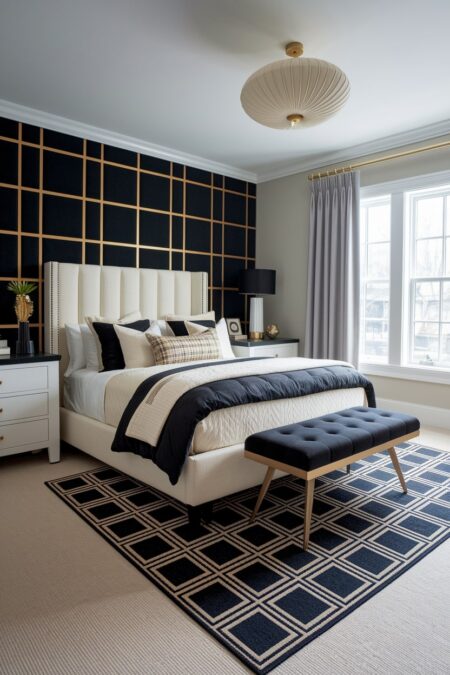 Art Deco bedroom with an elegant area rug with geometric black and cream pattern, black and gold accent wallpaper