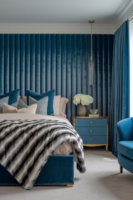 Art Deco bedroom with blue velvet channel tufted wall panels and faux fur throw blanket on the bed, blue furniture