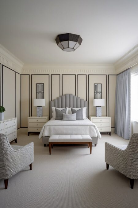 Art Deco bedroom with cream walls, gray bed frame, and symmetrical layout