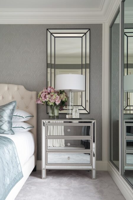 Art Deco bedroom with mirrored nightstand and wardrobe sliding doors