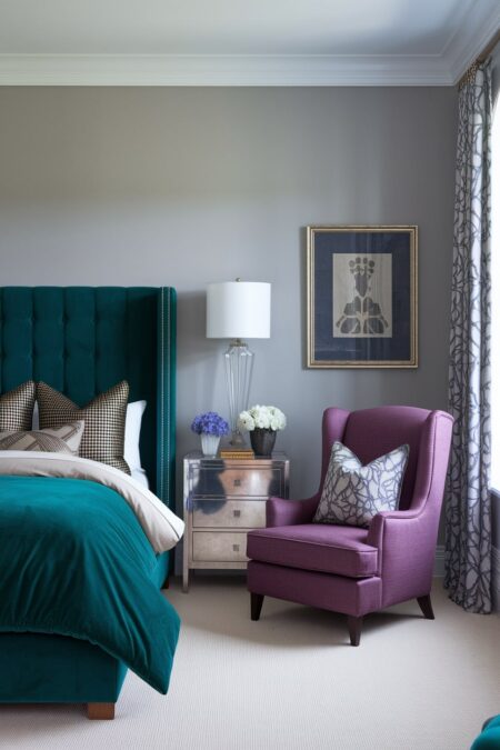 Art Deco bedroom with soft gray wall, velvet emerald green bed frame and bedding, silver nightstand, amethyst purple armchair
