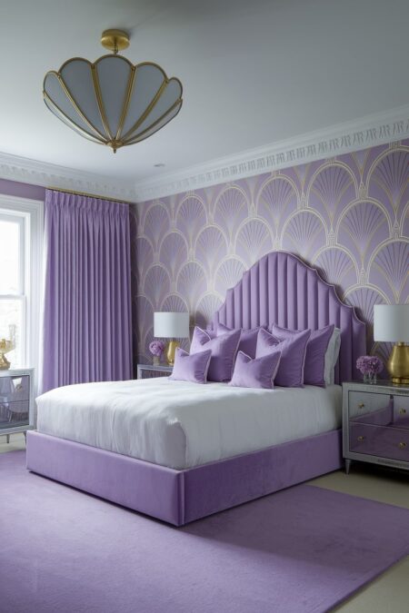 Art Deco lavender bedroom has a wallpaper with geometric fan motifs, channel tufted velvet headboard, umbrella chandelier, and mirrored furniture