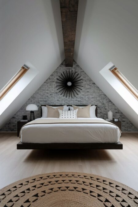 attic bedroom with sloped ceilings, dark floating bed, laminate flooring, wood ceiling beam, and a light gray brick wall