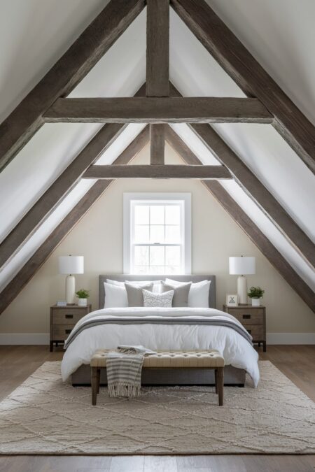 attic bedroom with sloped ceilings, exposed beams, and a gray upholstered bed with white bedding near the window