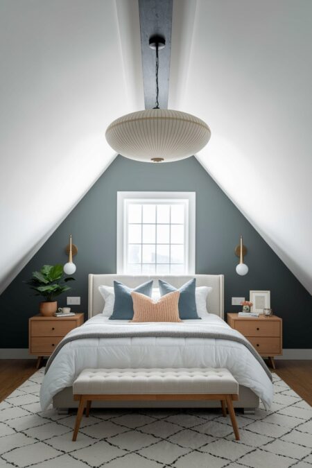 attic bedroom with sloped ceilings, gray accent wall, brass wall sconces, pendant ceiling light, and white area rug