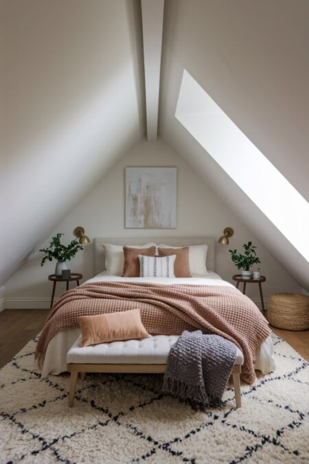 attic bedroom with sloped ceilings, high-pile area rug, light brown velvet pillows and throw blanket, brass wall sconces