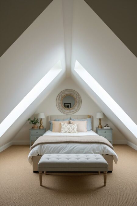 attic bedroom with sloped ceilings, round mirror above the headboard, gray nightstands, and brass table lamps