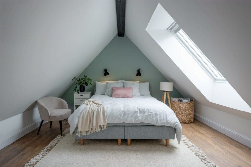 attic bedroom with sloped ceilings, sage green accent wall, white bedding, pink accent pillow, and curved back armchair