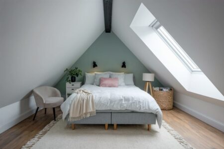 attic bedroom with sloped ceilings, sage green accent wall, white bedding, pink accent pillow, and curved back armchair