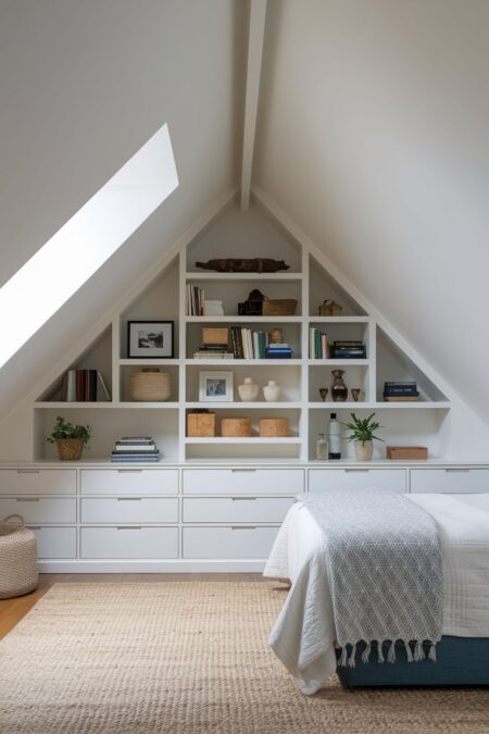 attic bedroom with sloped ceilings, white built-in drawers and shelving, jute area rug