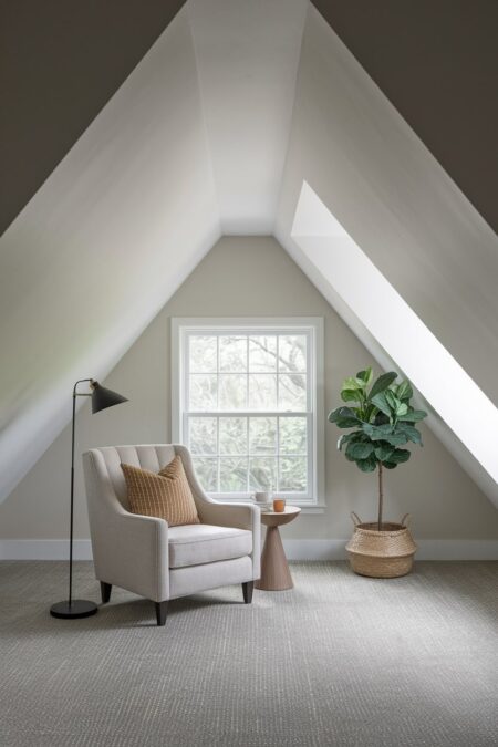 attic with a dedicated reading nook, a comfortable armchair, wood side table, black floor lamp, and fiddle-leaf fig
