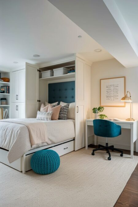 basement bedroom with a Murphy bed, home workspace, and blue-green accents